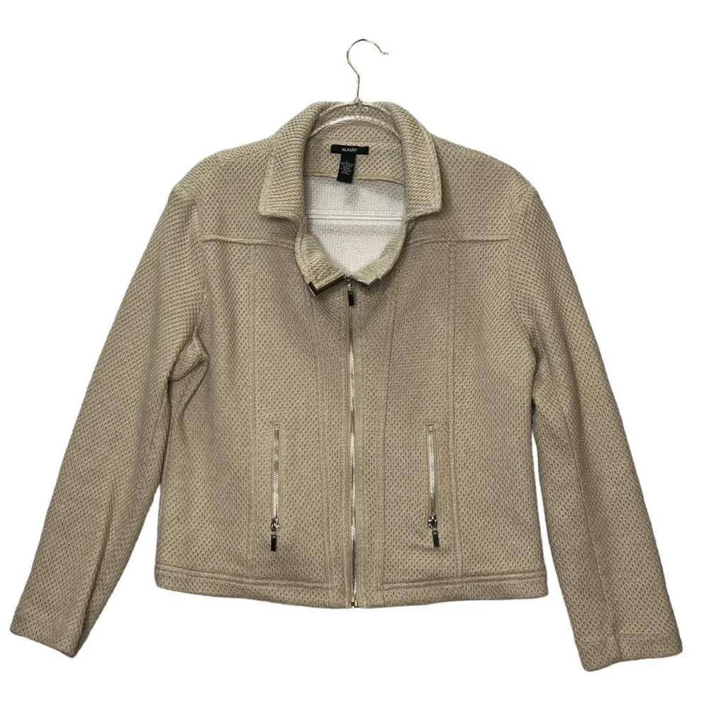 Alfani Jacket Mens Large Textured Knit Moto Beige Full Zip Pockets Notched Colla